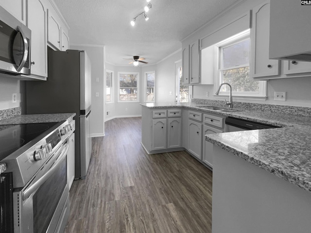 kitchen with kitchen peninsula, appliances with stainless steel finishes, ornamental molding, ceiling fan, and sink