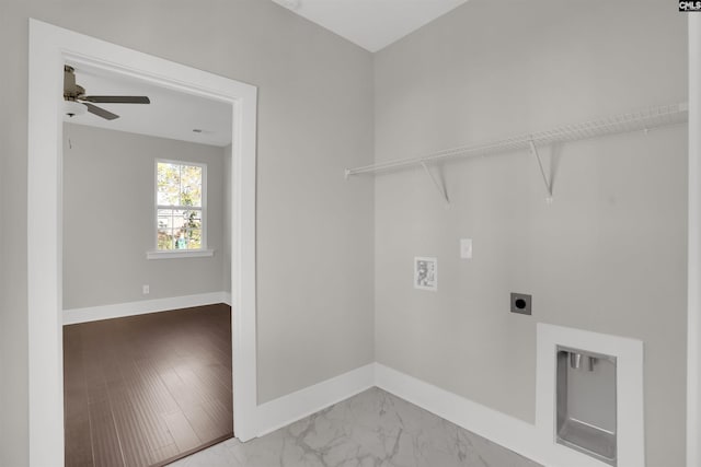 washroom featuring ceiling fan and electric dryer hookup