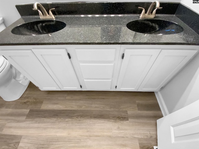 bathroom with hardwood / wood-style floors, vanity, and toilet