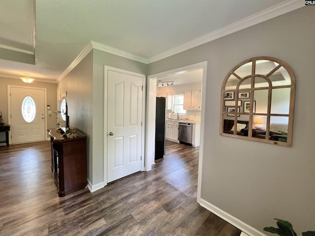 foyer with crown molding, sink, and dark hardwood / wood-style floors