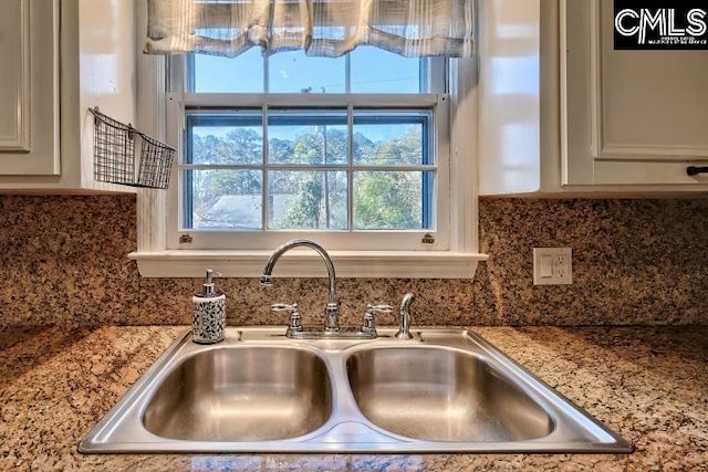 details featuring light stone counters and sink