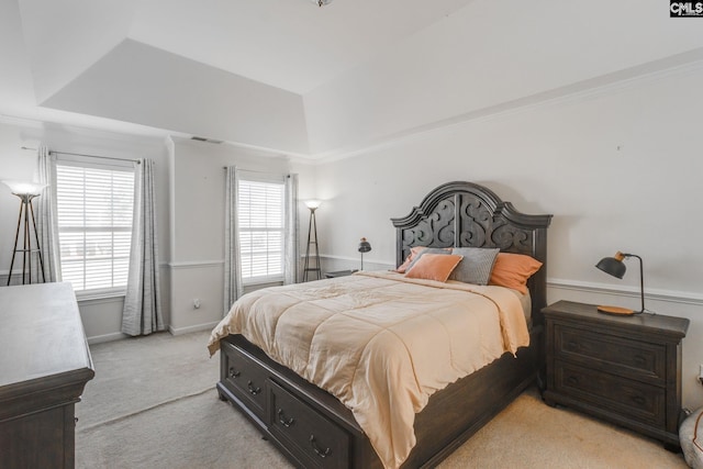 bedroom with a raised ceiling and light colored carpet