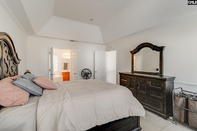 bedroom with ensuite bathroom, a raised ceiling, and light carpet