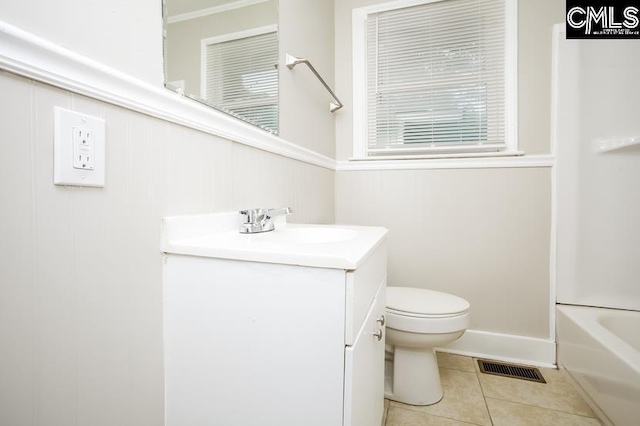 full bathroom with tile patterned floors, vanity, shower / bathtub combination, and toilet