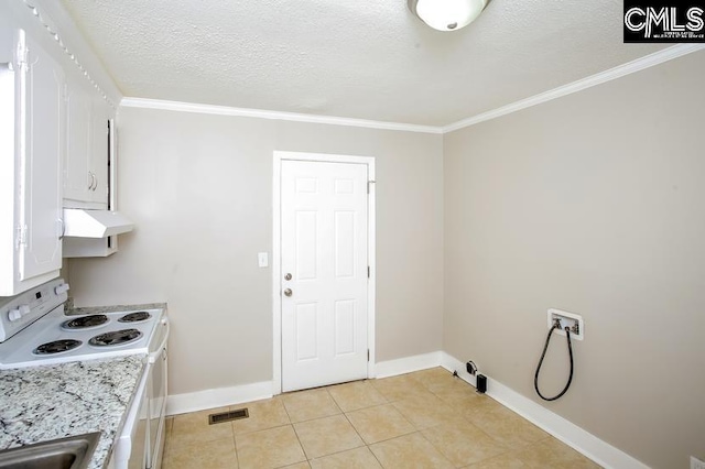 kitchen featuring light stone counters, ventilation hood, white range with electric stovetop, crown molding, and light tile patterned floors