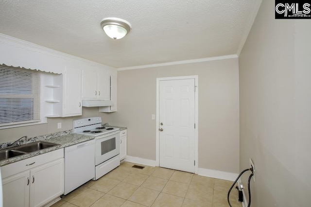 kitchen featuring ornamental molding, white appliances, sink, white cabinetry, and light tile patterned flooring