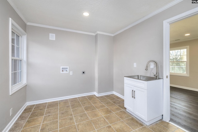 laundry room with electric dryer hookup, sink, washer hookup, ornamental molding, and a textured ceiling