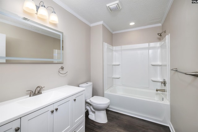 full bathroom with vanity, a textured ceiling, shower / tub combination, wood-type flooring, and toilet