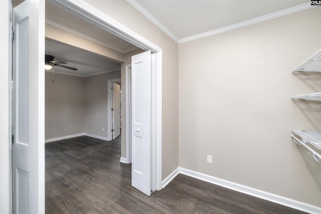 corridor featuring crown molding and dark hardwood / wood-style floors