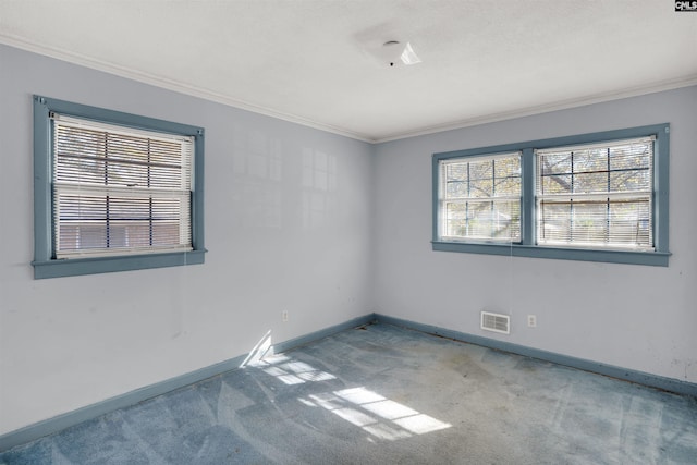 carpeted empty room featuring crown molding