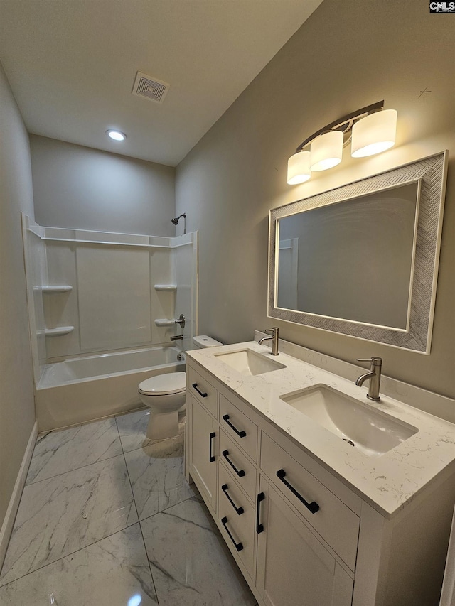 full bathroom featuring vanity, toilet, and shower / washtub combination