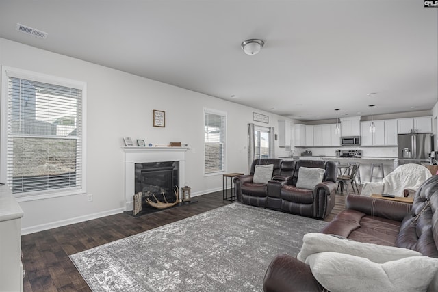 living room featuring dark wood-type flooring