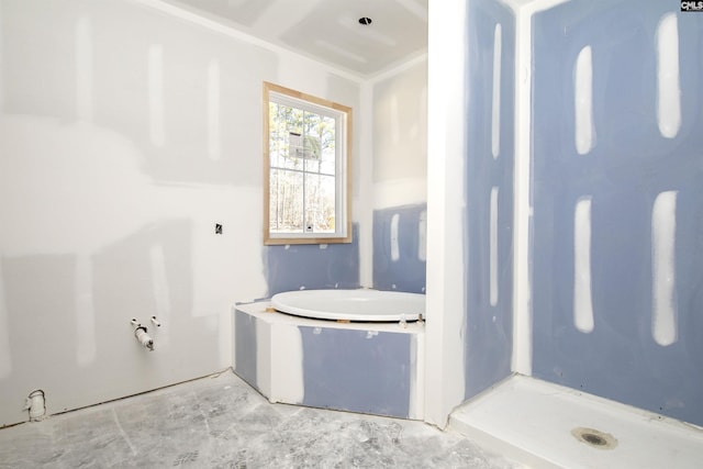 full bathroom featuring a stall shower and a bath