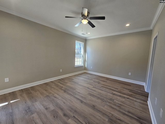 spare room with ceiling fan, wood-type flooring, and ornamental molding