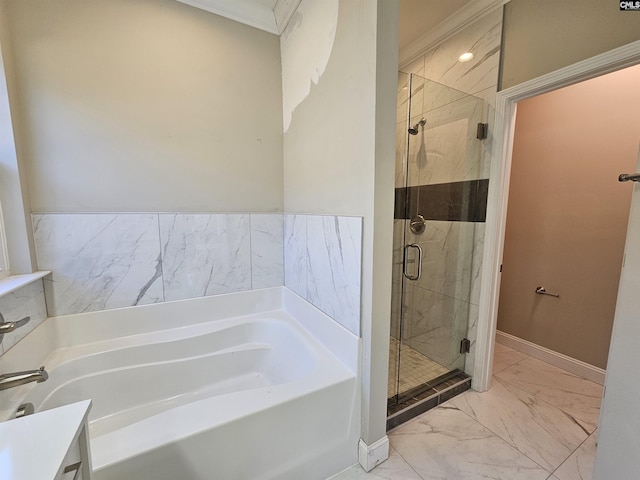 bathroom featuring vanity, separate shower and tub, and crown molding