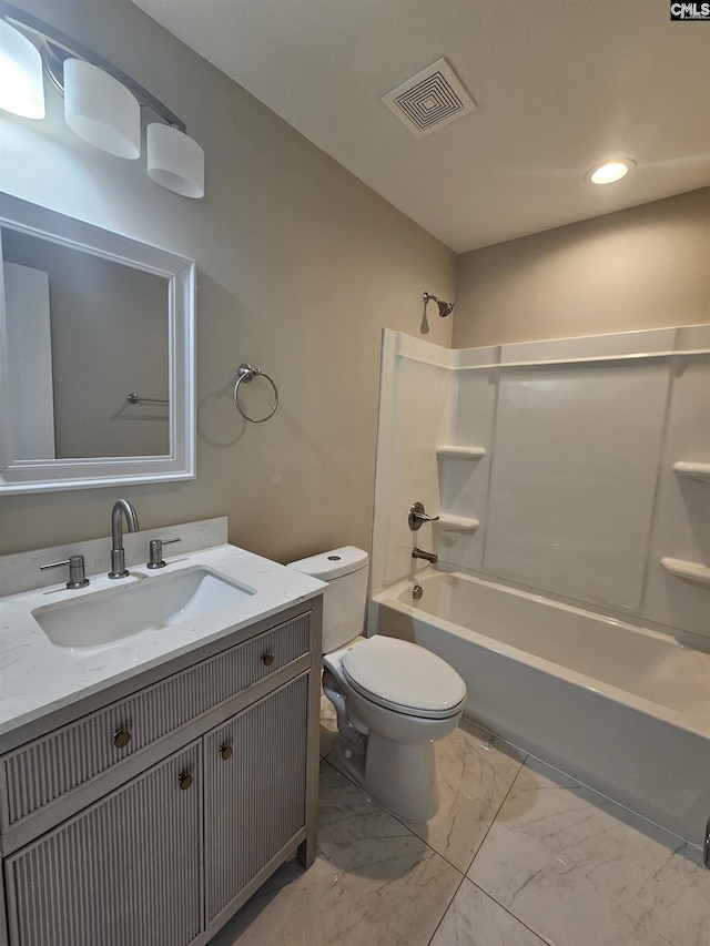 full bathroom with vanity,  shower combination, and toilet