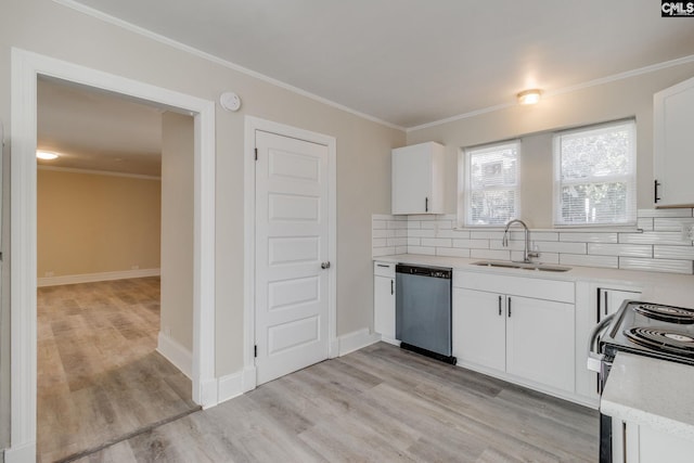 kitchen with white cabinetry, dishwasher, sink, tasteful backsplash, and light hardwood / wood-style flooring