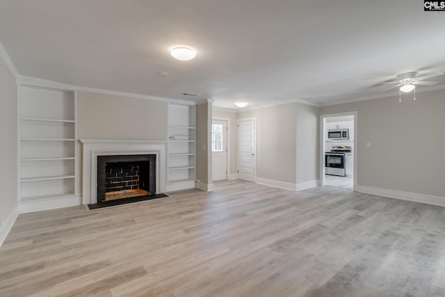 unfurnished living room with ceiling fan, light wood-type flooring, built in features, and ornamental molding