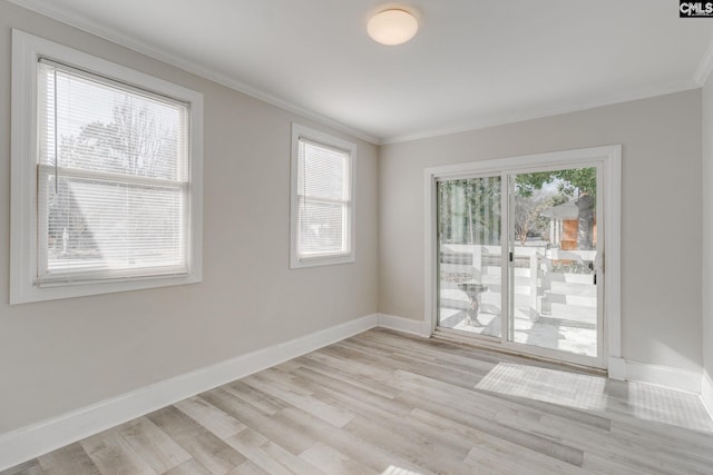 empty room featuring light hardwood / wood-style flooring and ornamental molding