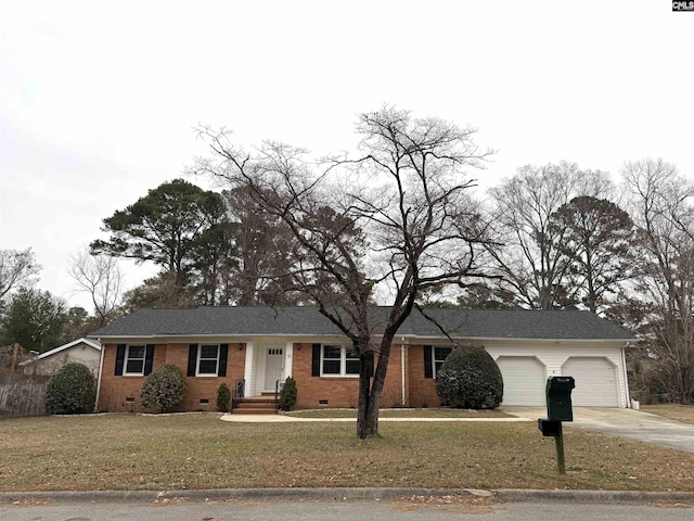 single story home with a front yard and a garage