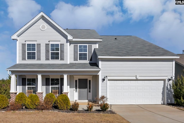 front facade with a porch and a garage