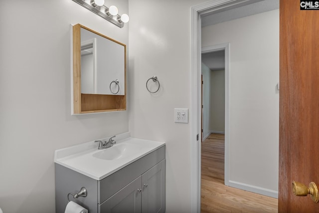 bathroom with vanity and wood-type flooring