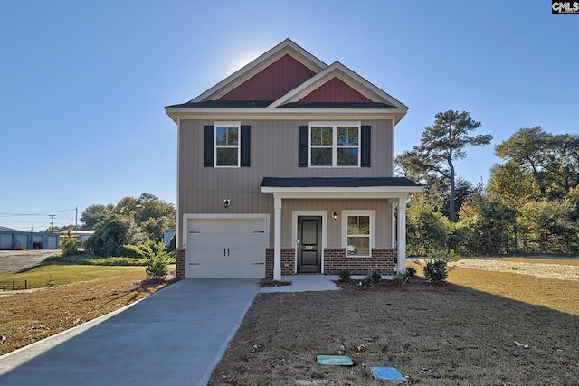 view of front of house featuring brick siding, a front lawn, concrete driveway, and a garage