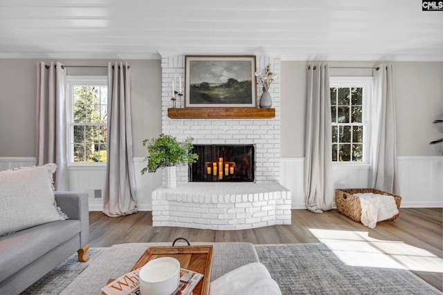 living room featuring hardwood / wood-style floors and a fireplace