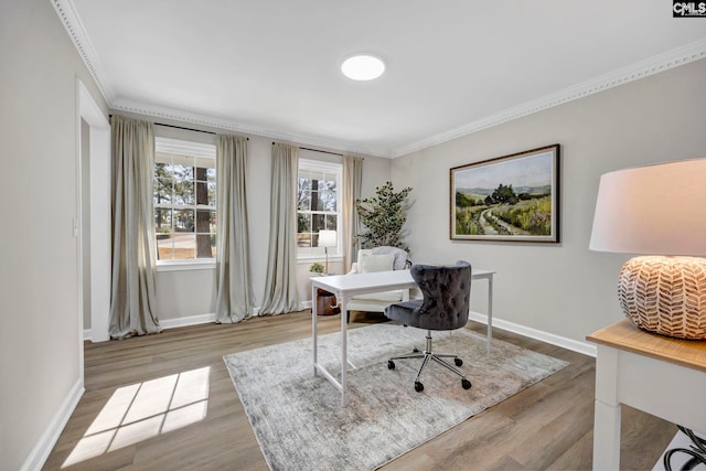 office featuring light hardwood / wood-style flooring and ornamental molding