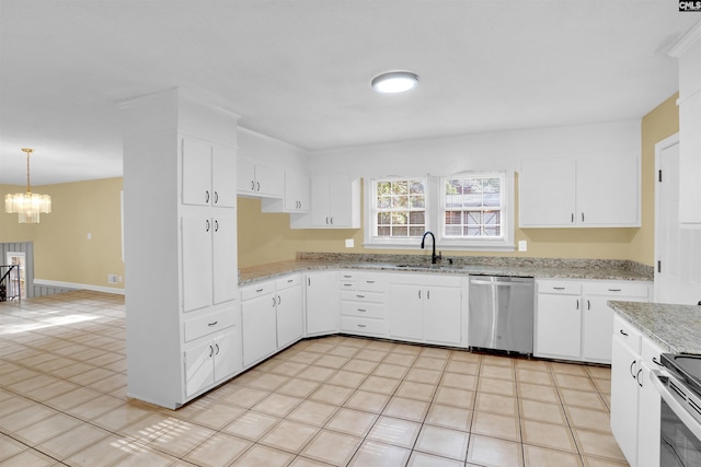 kitchen with pendant lighting, white cabinets, stainless steel dishwasher, and sink