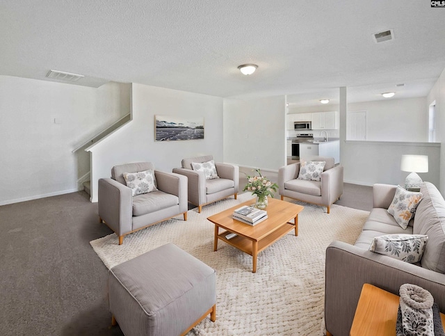 living room featuring carpet, a textured ceiling, and sink