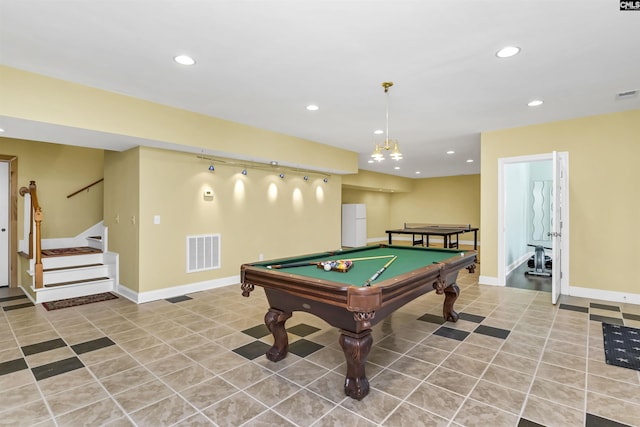 rec room featuring light tile patterned floors and billiards