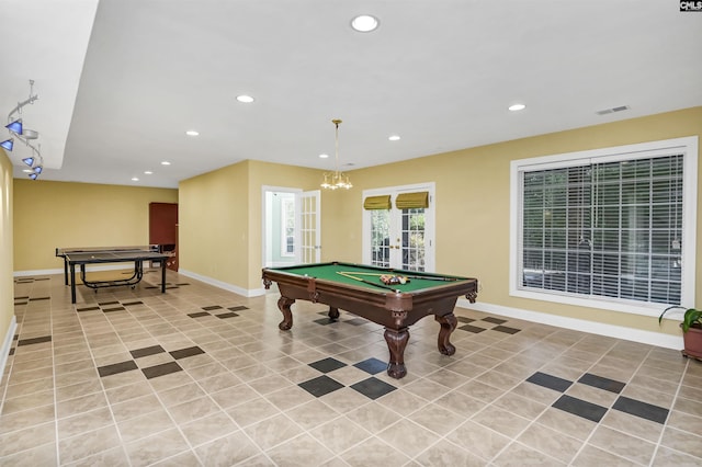 game room with french doors, an inviting chandelier, billiards, and light tile patterned flooring