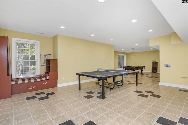 playroom with light tile patterned floors and pool table