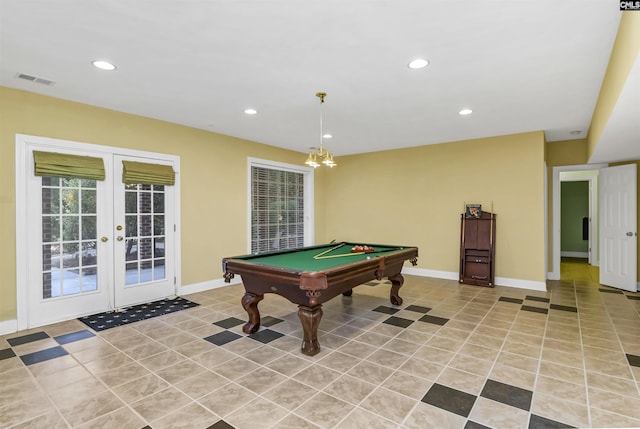 playroom with french doors, light tile patterned flooring, and pool table