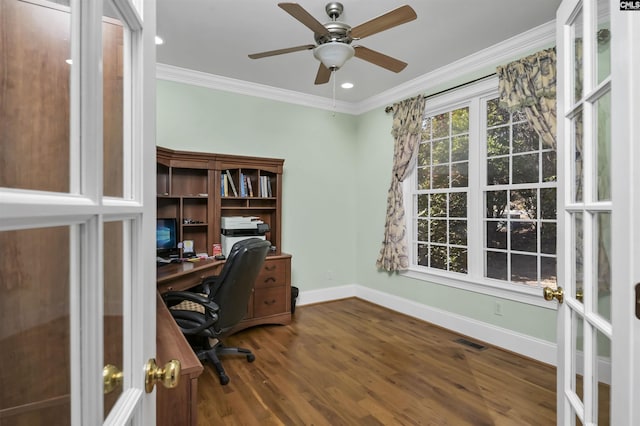 office space featuring french doors, hardwood / wood-style flooring, ceiling fan, and crown molding