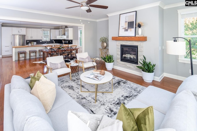 living room featuring a fireplace, dark hardwood / wood-style floors, ceiling fan, and ornamental molding