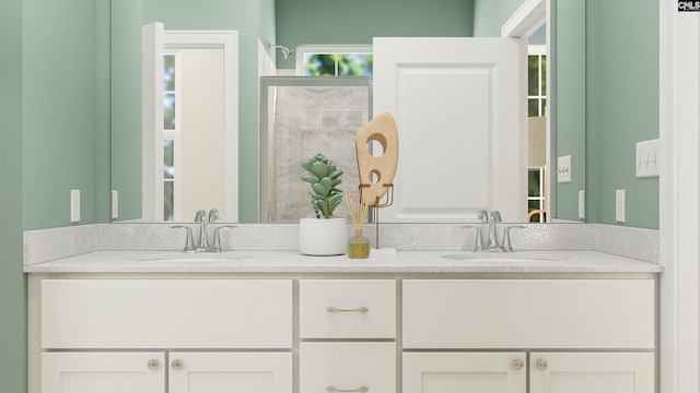 bathroom featuring vanity and a shower with shower door