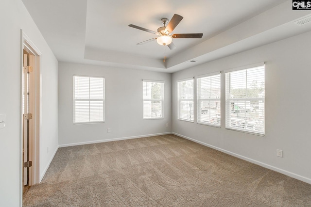 unfurnished room featuring light carpet, a raised ceiling, and ceiling fan