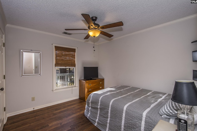 bedroom with a textured ceiling, ceiling fan, crown molding, and dark hardwood / wood-style floors