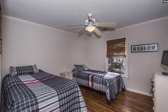 bedroom featuring a textured ceiling, crown molding, ceiling fan, and dark wood-type flooring