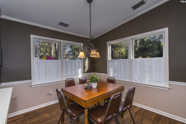 dining space featuring a notable chandelier, a healthy amount of sunlight, and dark wood-type flooring