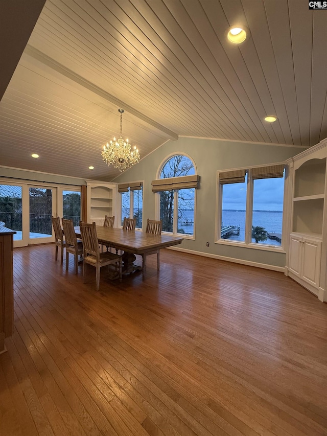 unfurnished dining area featuring built in shelves, a water view, wood ceiling, and hardwood / wood-style flooring