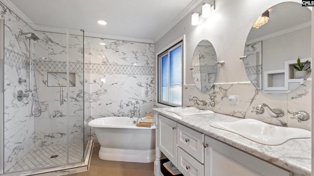 bathroom with separate shower and tub, crown molding, and tile walls