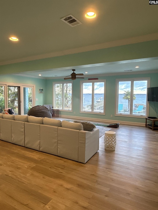 living room with a wealth of natural light, ceiling fan, and light hardwood / wood-style floors