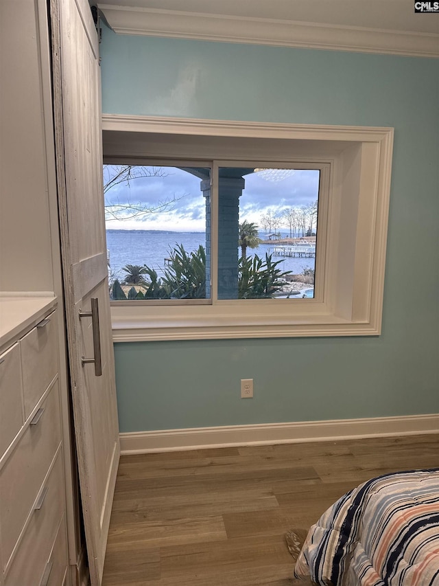 bedroom featuring hardwood / wood-style floors, a water view, and crown molding