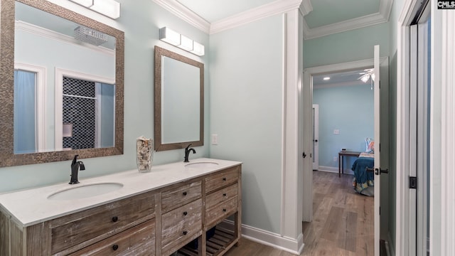 bathroom featuring crown molding, vanity, and wood-type flooring