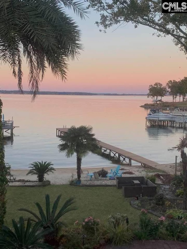 dock area with a water view and a lawn