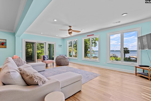 143 Yachting Cir, Lexington, SC 29072 - living room with ornamental molding, plenty of natural light, light wood-style flooring, a ceiling fan, and recessed lighting