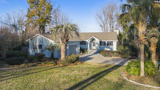 single story home with a garage and a front lawn